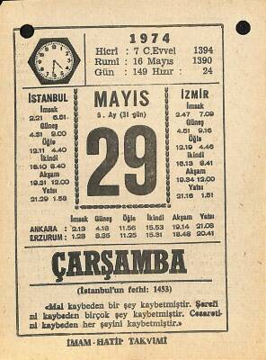 29 Mayıs 1974 Takvim Yaprağı - Doğum Günü Hediyesi EFM(N)11977 - 1