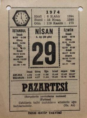 29 Nisan 1974 Takvim Yaprağı - Doğum Günü Hediyesi EFM(N)8186 - 2