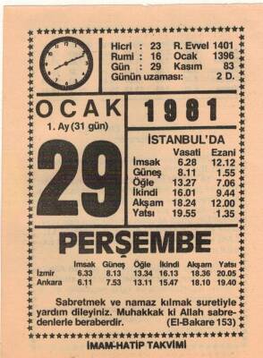 29 Ocak 1981 Takvim Yaprağı EFM(N)4675 - 1