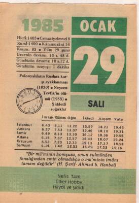 29 Ocak 1985 Takvim Yaprağı EFM(N)4799 - 1