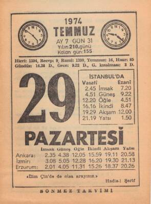 29 Temmuz 1974 Takvim Yaprağı EFM(N)2174 - 3