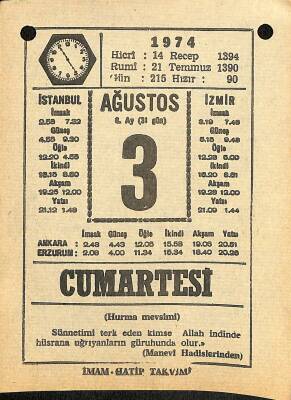 3 Ağustos 1974 Takvim Yaprağı - Doğum Günü Hediyesi EFM(N)12214 - 1