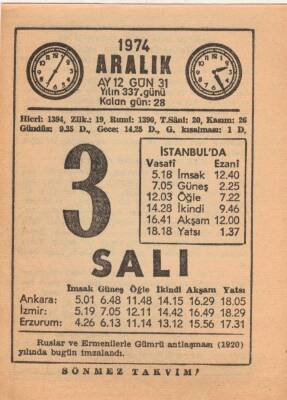 3 Aralık 1974 Takvim Yaprağı EFM(N)4285 - 3