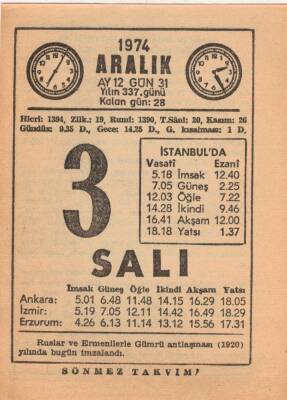 3 Aralık 1974 Takvim Yaprağı EFM(N)4285 - 1