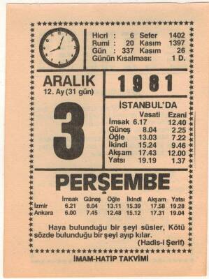 3 Aralık 1981 Takvim Yaprağı EFM(N)4408 - 3