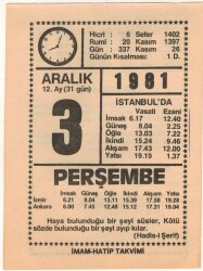 3 Aralık 1981 Takvim Yaprağı EFM(N)4408 - 2