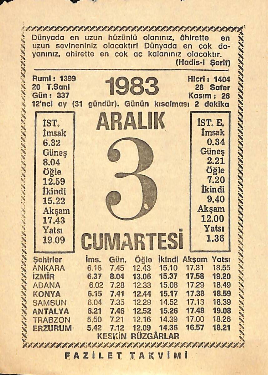 3 Aralık 1983 Takvim Yaprağı - Doğum Günü Hediyesi EFMN13606 - 1