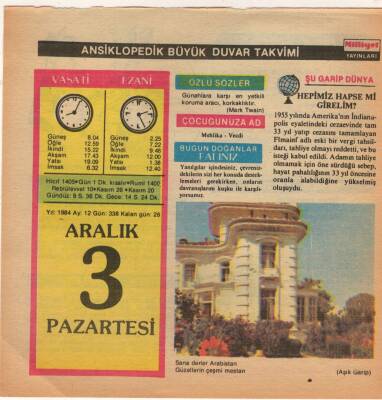 3 Aralık 1984 Takvim Yaprağı EFM(N)4069 - 3