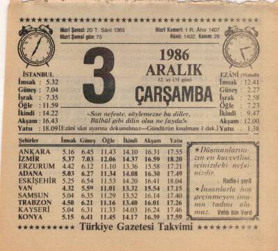 3 Aralık 1986 Takvim Yaprağı EFM(N)4315 - 3