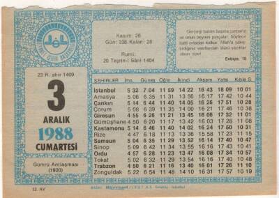 3 Aralık 1988 Takvim Yaprağı EFM(N)4469 - 3