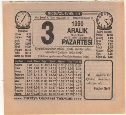 3 Aralık 1990 Takvim Yaprağı EFM(N)4131 - 3