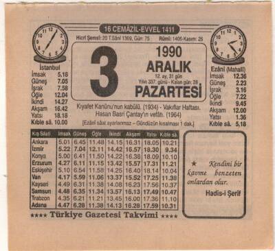 3 Aralık 1990 Takvim Yaprağı EFM(N)4131 - 3