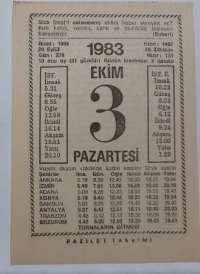 3 Ekim 1983 Takvim Yaprağı - Doğum Günü Hediyesi EFM(N)6706 - 1