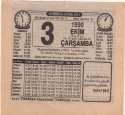 3 Ekim 1990 Takvim Yaprağı EFM(N)3128 - 3