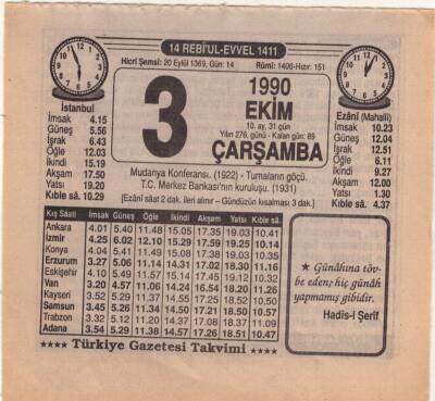 3 Ekim 1990 Takvim Yaprağı EFM(N)3128 - 3