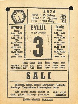 3 Eylül 1974 Takvim Yaprağı - Doğum Günü Hediyesi EFM(N)12171 - 1