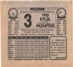 3 Eylül 1990 Takvim Yaprağı EFM(N)2611 - 3