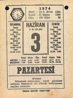 3 Haziran 1974 Takvim Yaprağı - Doğum Günü Hediyesi EFM(N)11972 - 1