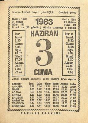 3 Haziran 1983 Takvim Yaprağı - Doğum Günü Hediyesi EFM(N)11990 - 1