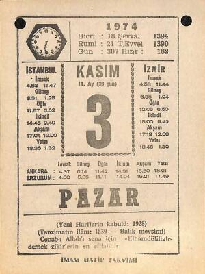 3 Kasım 1974 Takvim Yaprağı - Doğum Günü Hediyesi EFM(N)10765 - 4