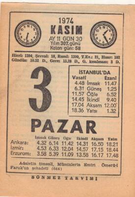 3 Kasım 1974 Takvim Yaprağı EFM(N)3313 - 3