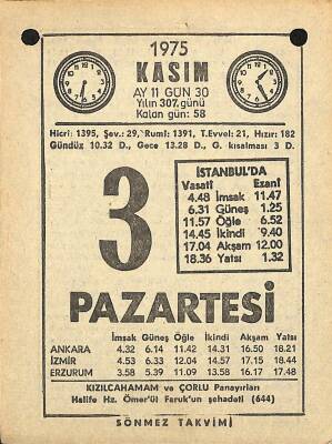 3 Kasım 1975 Takvim Yaprağı - Doğum Günü Hediyesi EFM(N)12579 - 1