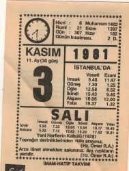 3 Kasım 1981 Takvim Yaprağı EFM(N)4255 - 3