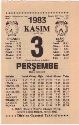 3 Kasım 1983 Takvim Yaprağı EFM(N)3947 - 3