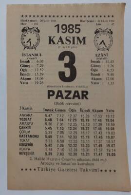 3 Kasım 1985 Takvim Yaprağı - Doğum Günü Hediyesi EFM(N)6679 - 1