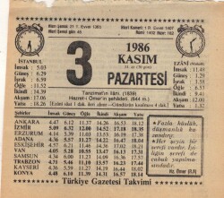 3 Kasım 1986 Takvim Yaprağı EFM(N)3403 - 3