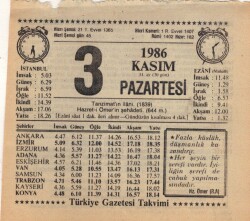 3 Kasım 1986 Takvim Yaprağı EFM(N)3403 - 2