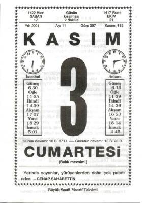 3 Kasım 2001 Takvim Yaprağı Doğum Günü Hediyesi EFM(N)3984 - 2