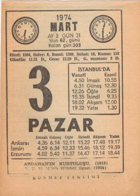 3 Mart 1974 Takvim Yaprağı EFM(N)5882 - 3