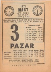 3 Mart 1974 Takvim Yaprağı EFM(N)5882 - 1