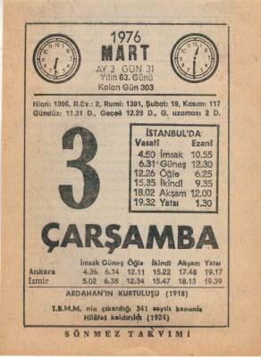 3 Mart 1976 Takvim Yaprağı EFM(N)5944 - 1