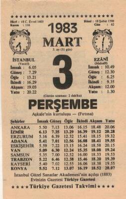 3 Mart 1983 Takvim Yaprağı EFM(N)5820 - 3