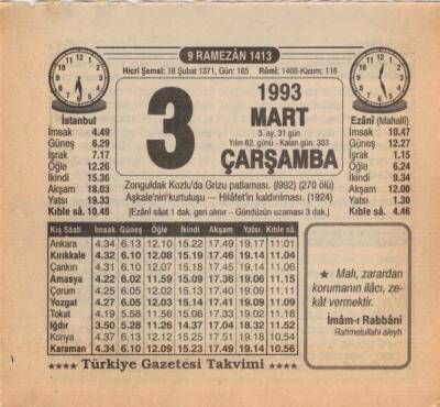 3 Mart 1993 Takvim Yaprağı EFM(N)6035 - 3