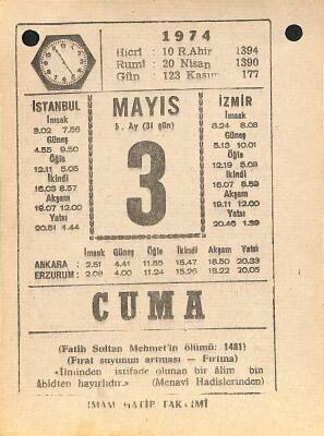 3 Mayıs 1974 Takvim Yaprağı - Doğum Günü Hediyesi EFM(N)12317 - 1