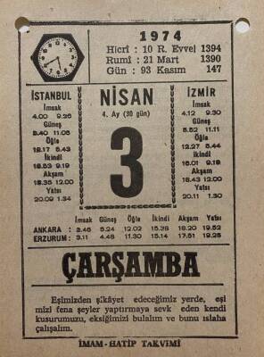 3 Nisan 1974 Takvim Yaprağı - Doğum Günü Hediyesi EFM(N)8160 - 2