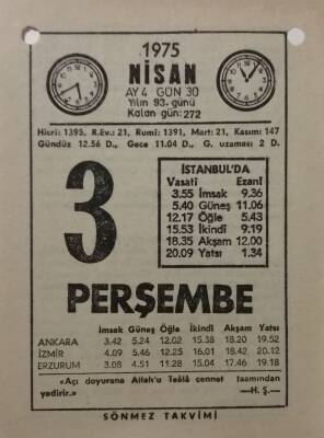 3 Nisan 1975 Takvim Yaprağı - Doğum Günü Hediyesi EFM(N)8130 - 2