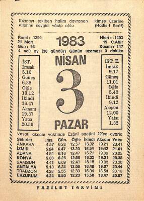 3 Nisan 1983 Takvim Yaprağı - Doğum Günü Hediyesi EFM(N)12497 - 1