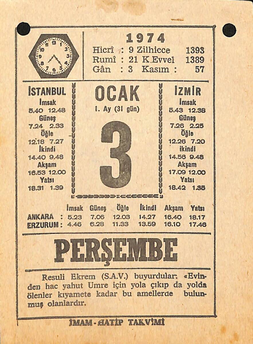 3 Ocak 1974 Takvim Yaprağı - Doğum Günü Hediyesi EFMN13687 - 1