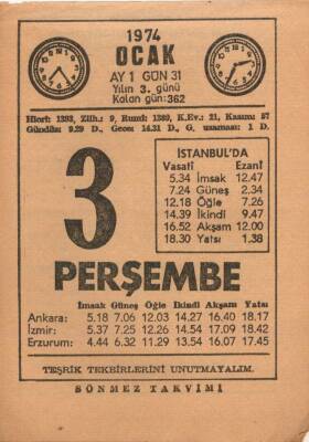 3 Ocak 1974 Takvim Yaprağı EFM(N)4866 - 1