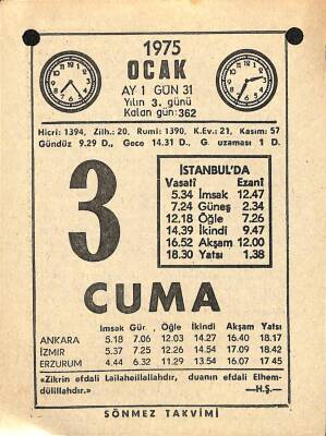 3 Ocak 1975 Takvim Yaprağı - Doğum Günü Hediyesi EFM(N)10842 - 4