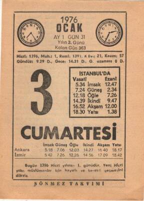 3 Ocak 1976 Takvim Yaprağı EFM(N)4804 - 1