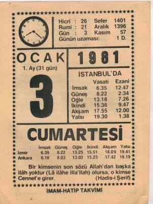 3 Ocak 1981 Takvim Yaprağı EFM(N)4649 - 1