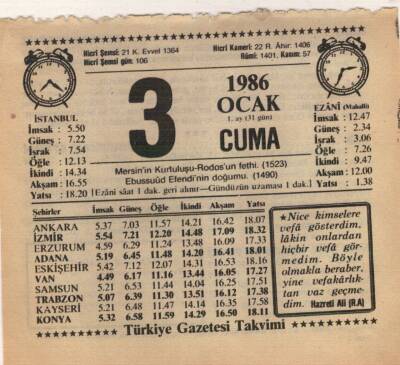 3 Ocak 1986 Takvim Yaprağı EFM(N)5021 - 1