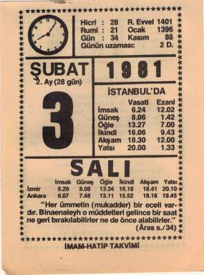 3 Şubat 1981 Takvim Yaprağı EFM(N)5411 - 1