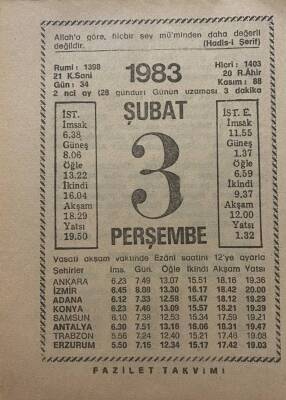 3 Şubat 1983 Takvim Yaprağı - Doğum Günü Hediyesi EFM(N)7800 - 1