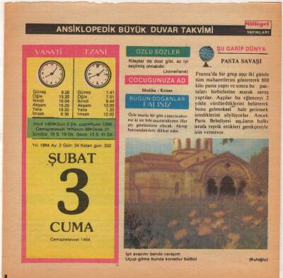 3 Şubat 1984 Takvim Yaprağı EFM(N)5157 - 1